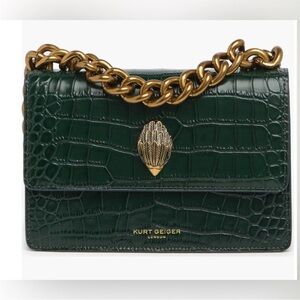 New Kurt Geiger Dark Green Croc-Embossed Crossbody with Gold Chain